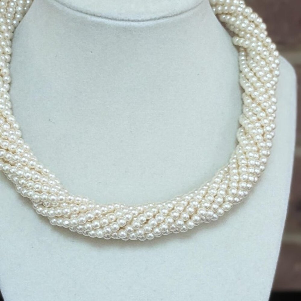 White Faux Pearl Twist Choker Necklace, Braided Torsade Multi-Strand Pearl